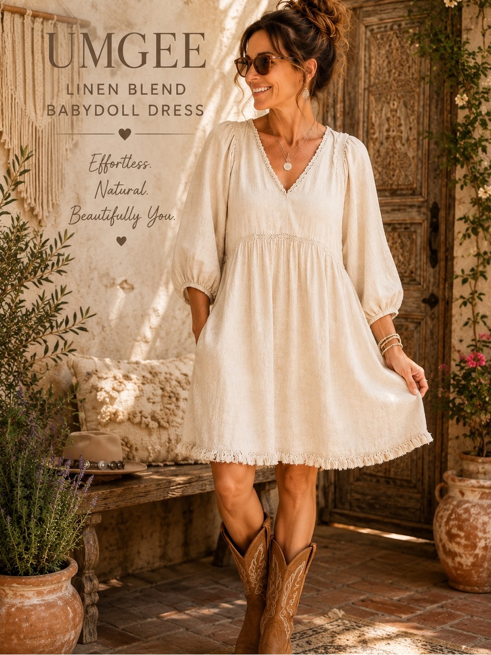 Umgee Linen Blend Babydoll Dress | Medium | Cream | Boho Cottage, Pockets
